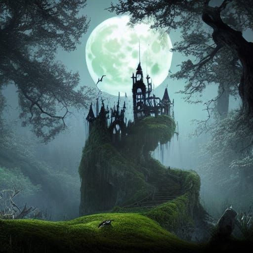 A fairy castle in the forest under a full moon