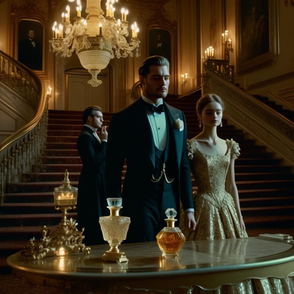 Victorian Ballroom Scene with Perfume Bottle
