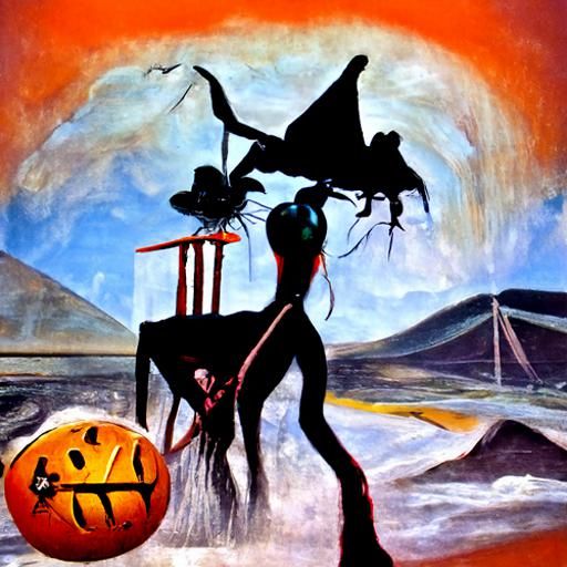 witch on a broomstick, jack o'lanterns, bats flying. spooky....