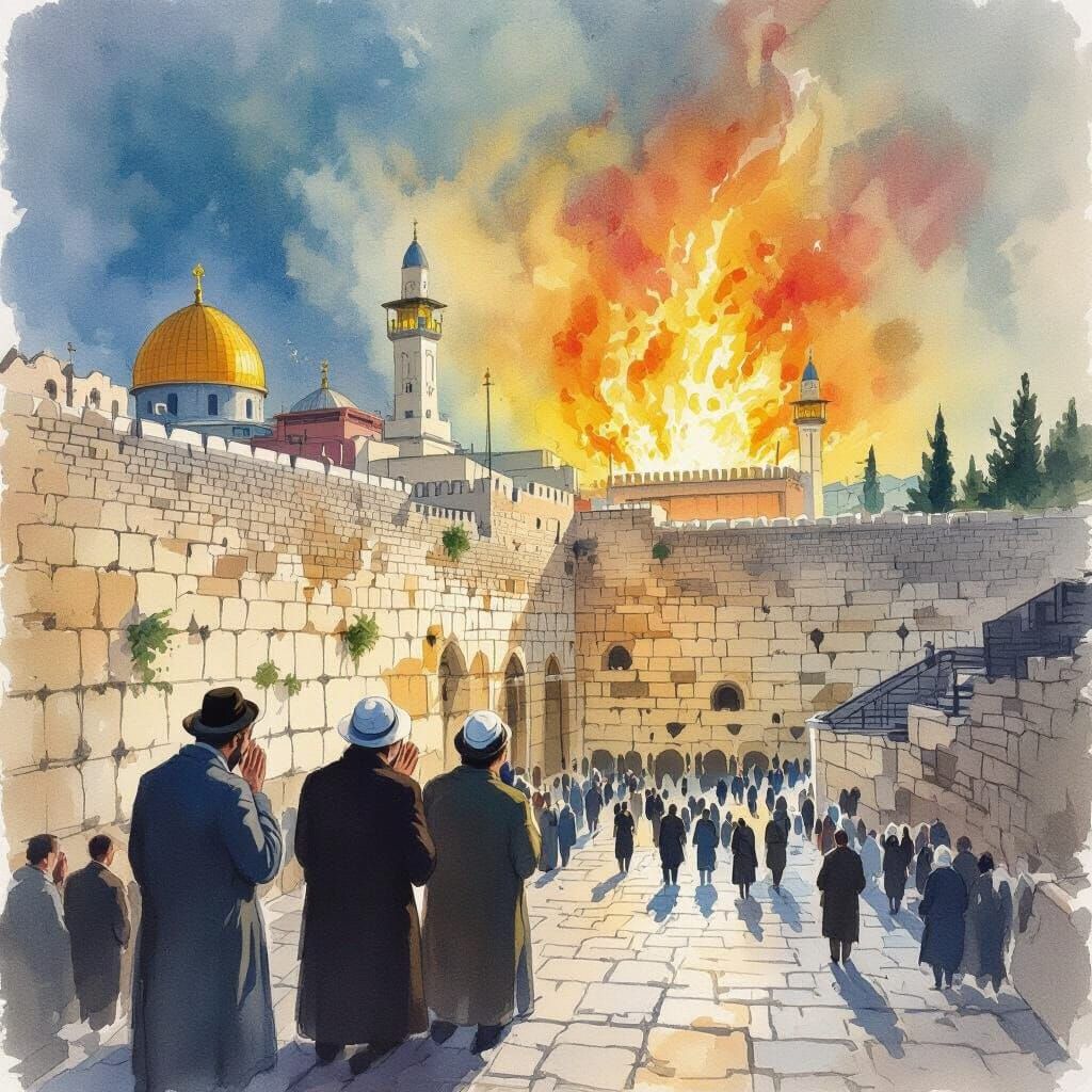 Temple Rebuilt: Watercolor Scene of Jewish Prayer