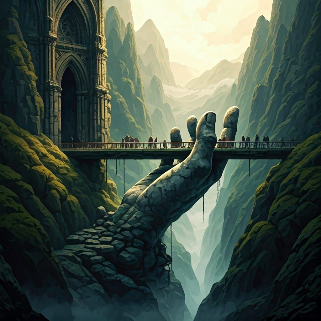 fantasy bridge supported by giant hand of stone  by @Darking Duck