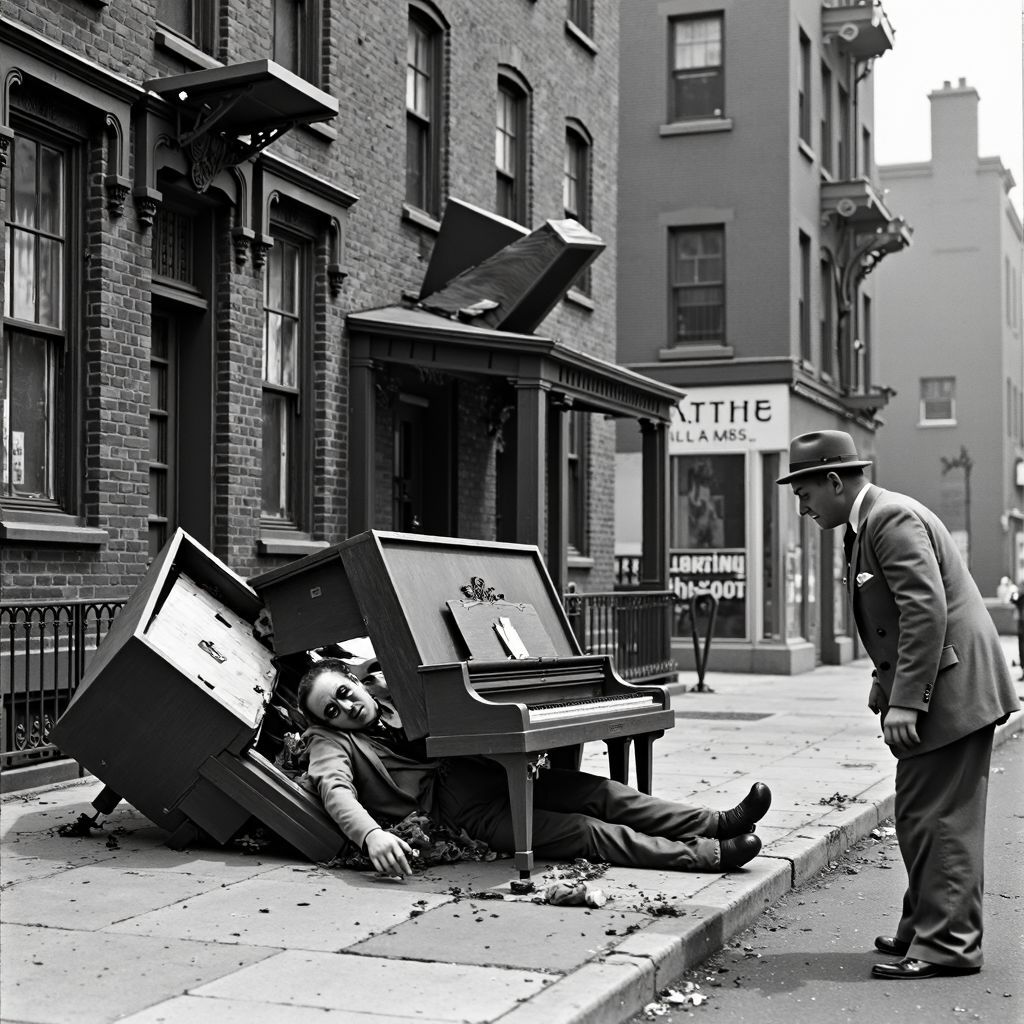 "Oh Good Lord!  What happened?" "...a...couple of pianos...dropped on me from the roof..."  "Oh no!  Are you alright?"  ...