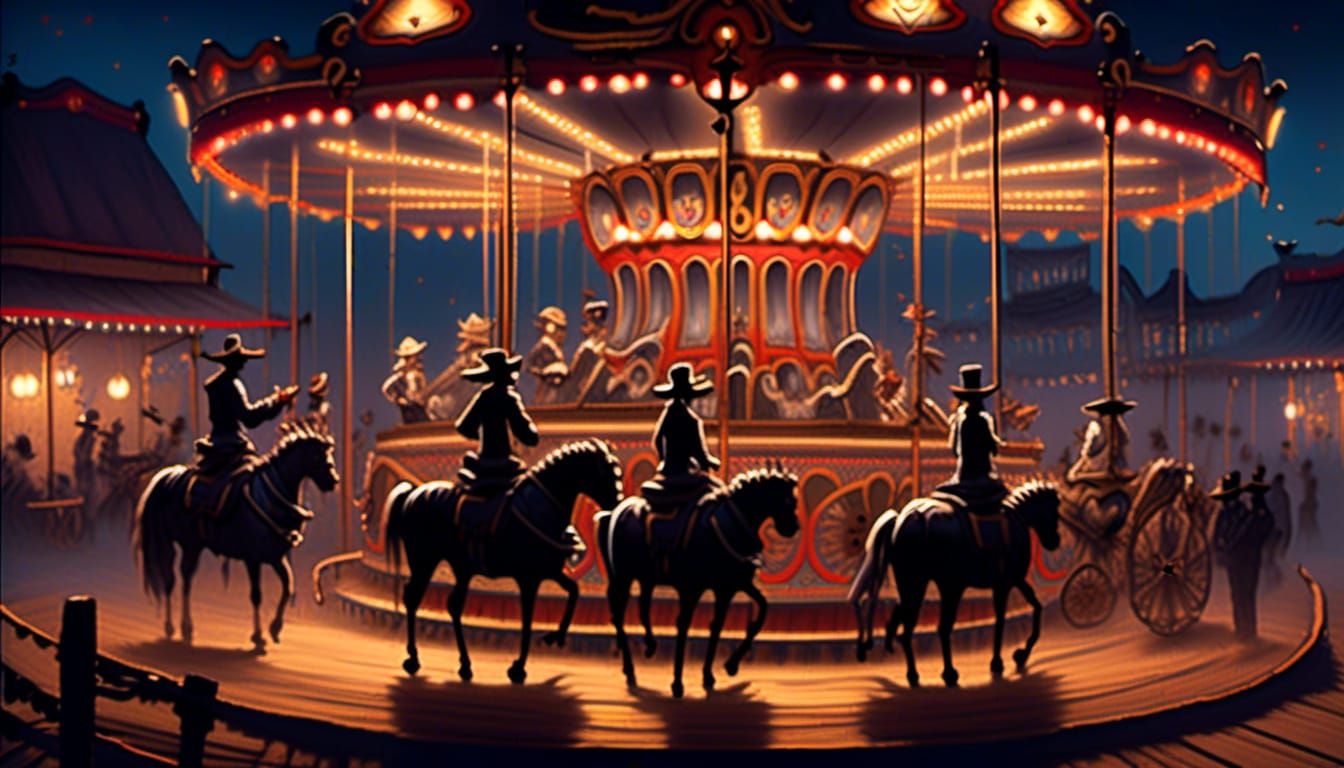 "Merry Go 'Round": 1800's Old West rundown carnival, dusty, ...