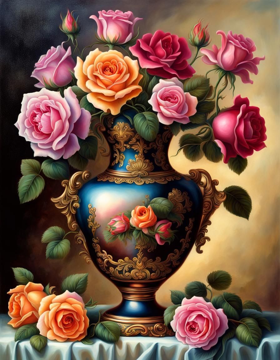 Antique Vase with Roses, Still Life