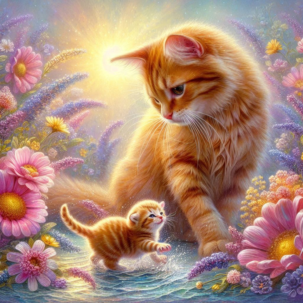 Cat and Tiny Kitten:  Splash!!