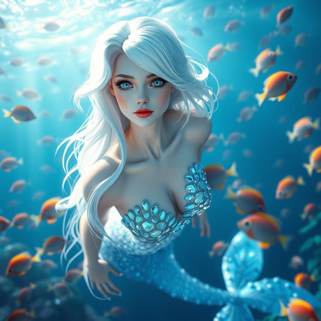 White hair female mermaid bright blue eyes she’s wearing an ice blue mermaid top with a white and blue ...  by @PsychoStacey