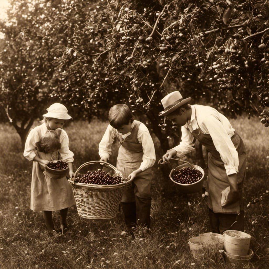 family picking cherries, 1900s photograph, dynamic lighting,...