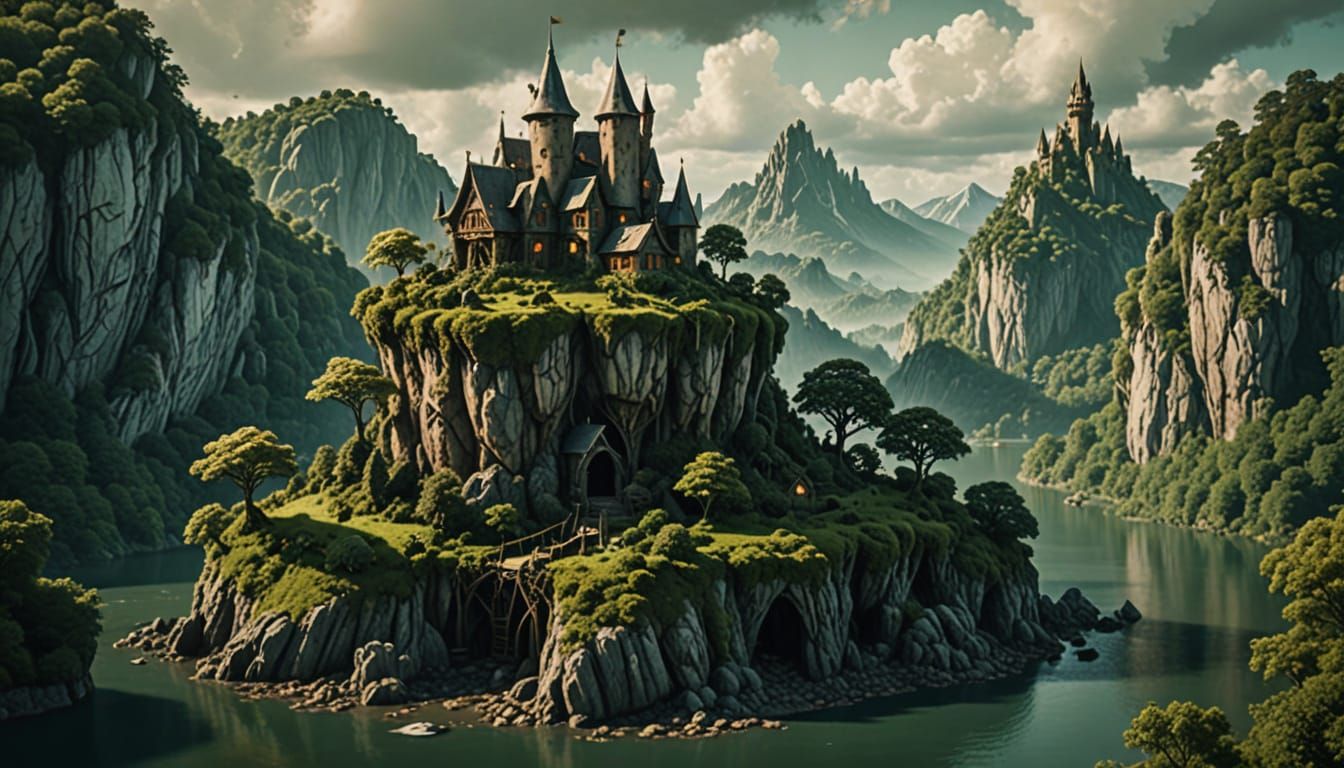 an island with a castle on top