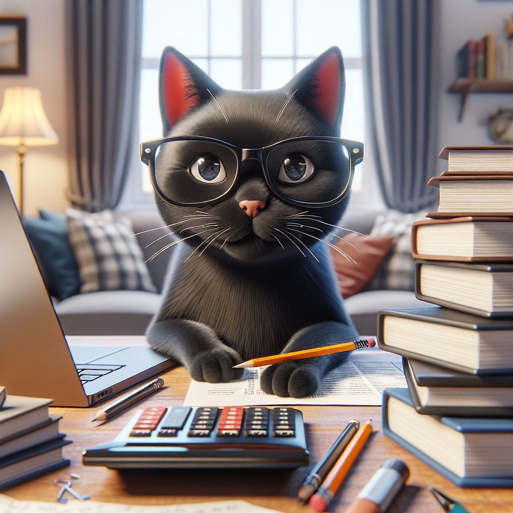 Studying cat with glasses