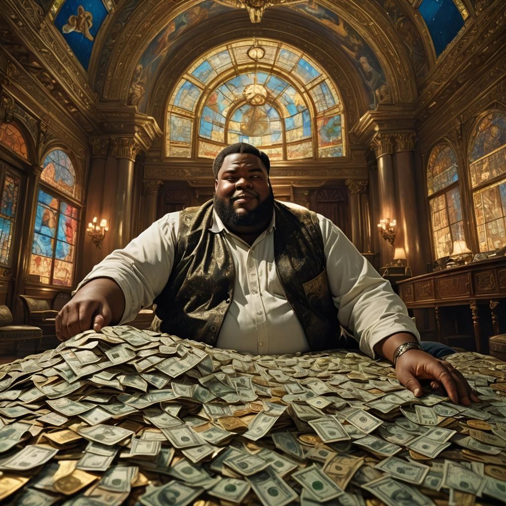 Opulent Man on Dollar Mattress in Ornate Room