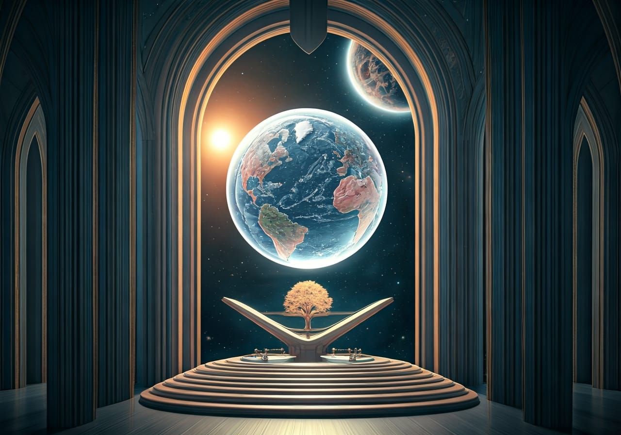 Hyper-realistic digital art in the style of Moebius. Mid-shot. A radiant, crystalline Earth floats gently ...  by @Here I am Once again