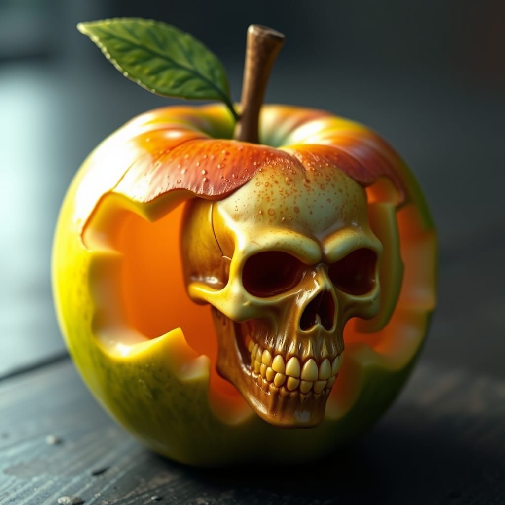 Epic Green Apple with Skull in 3D Game Cinematic Style