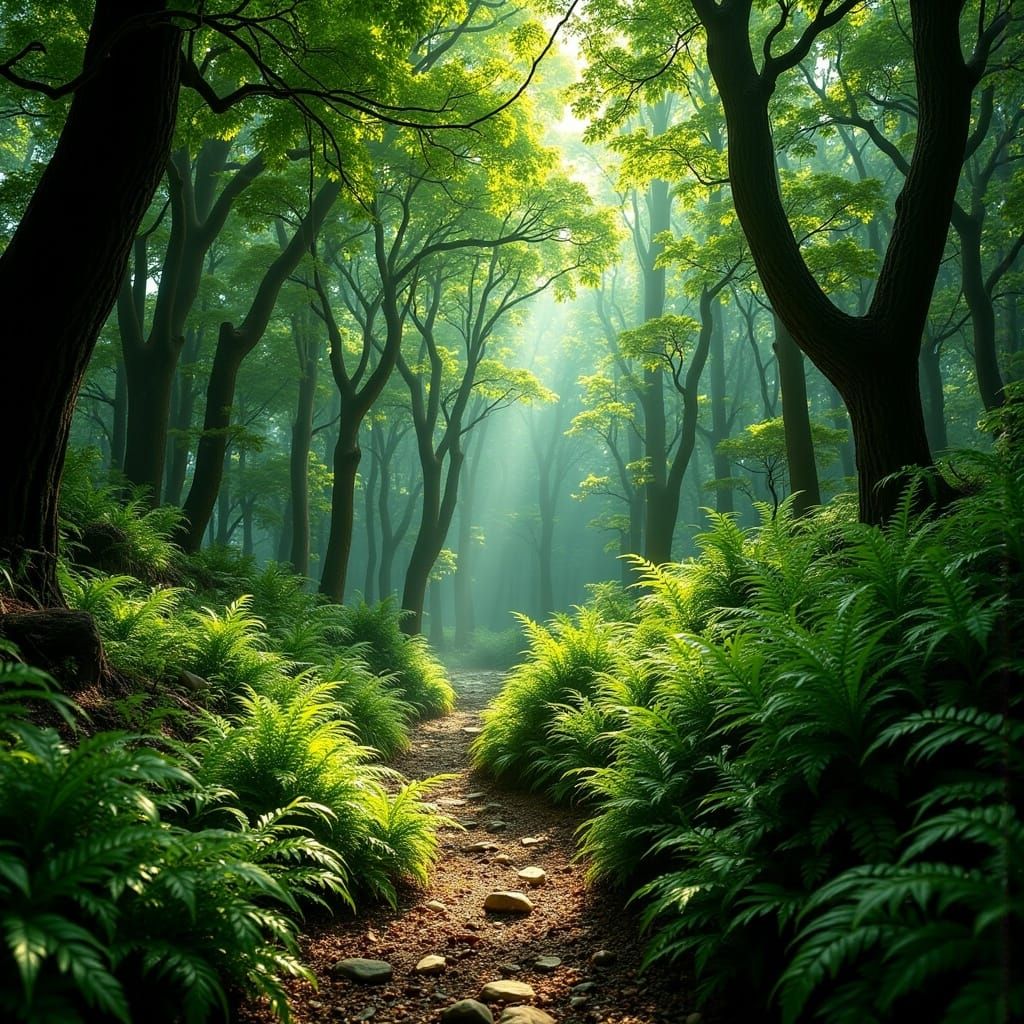 <lora:Wisps of Glow:1.0> Fernwood Glade - A dense glade covered in ferns and lush greenery, a cool, shaded area where daylight filters throu...