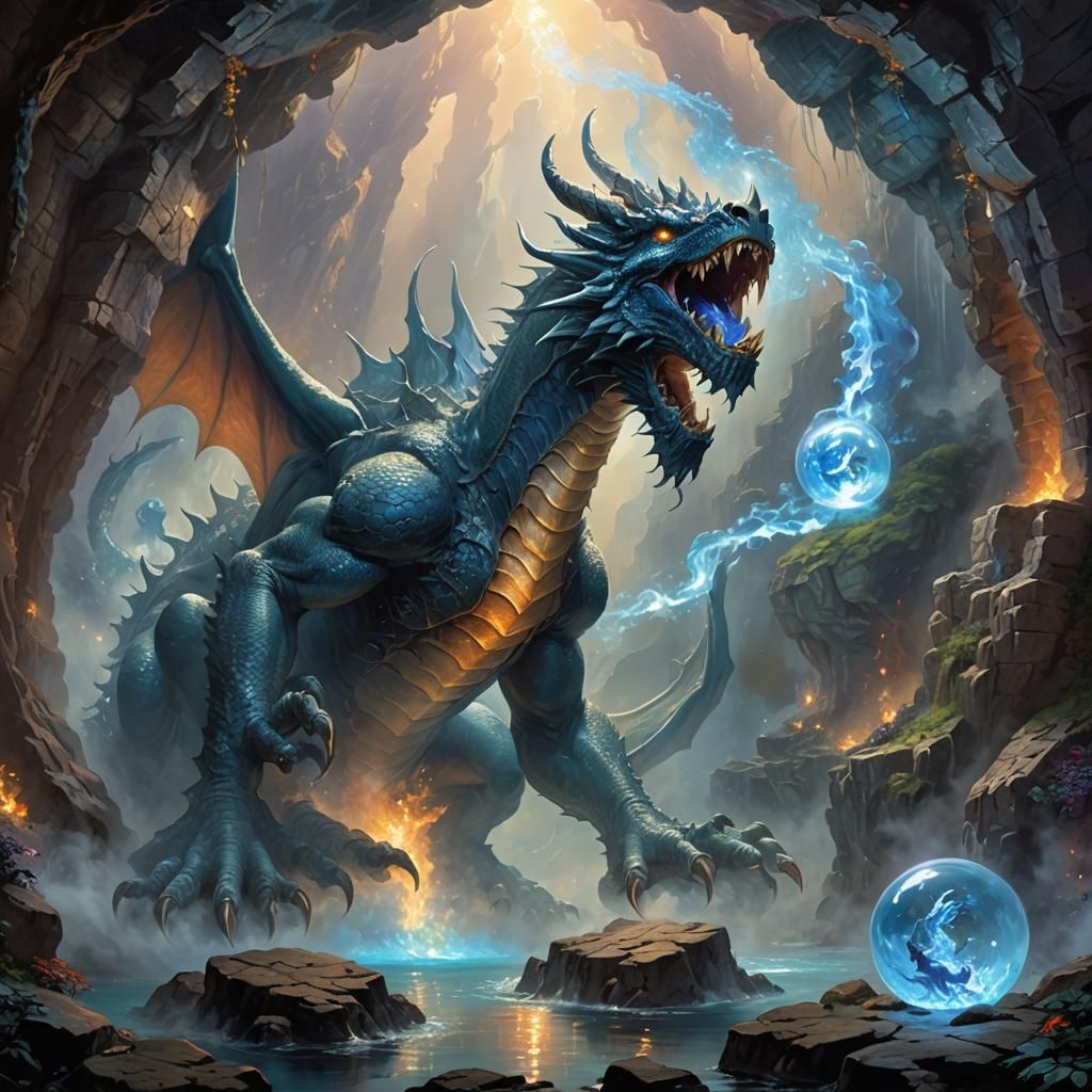 The god hades as a dragon that breathes blue flame and is in a cave and ...