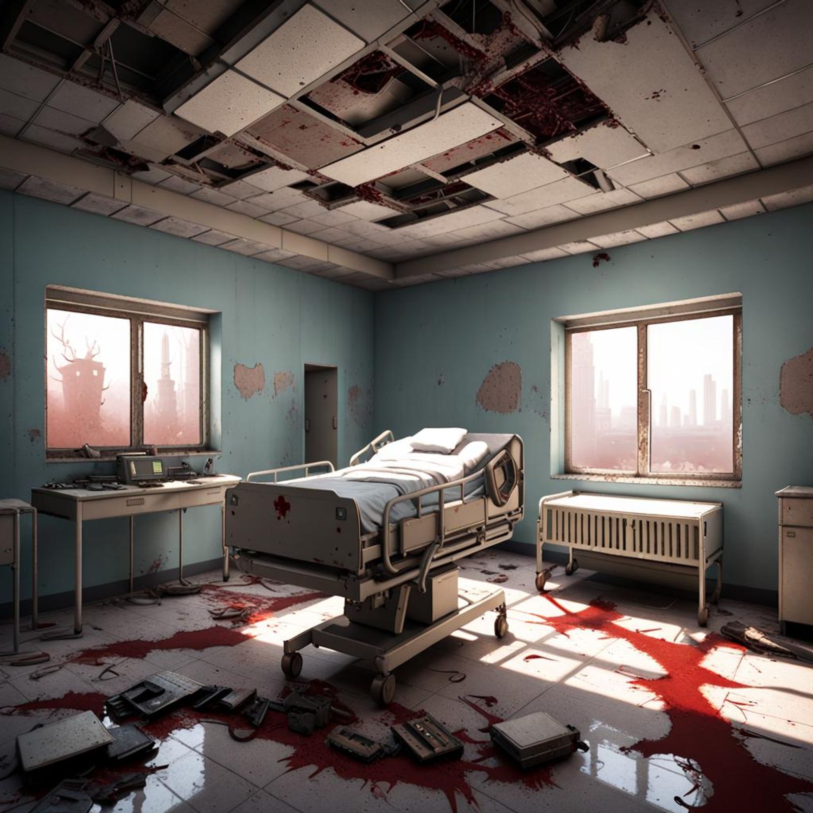 Battle damaged, dried out Blood on the floor, crumbling nursery in