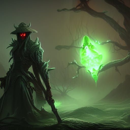green ghost reaper standing over a gravestone detailed matte...