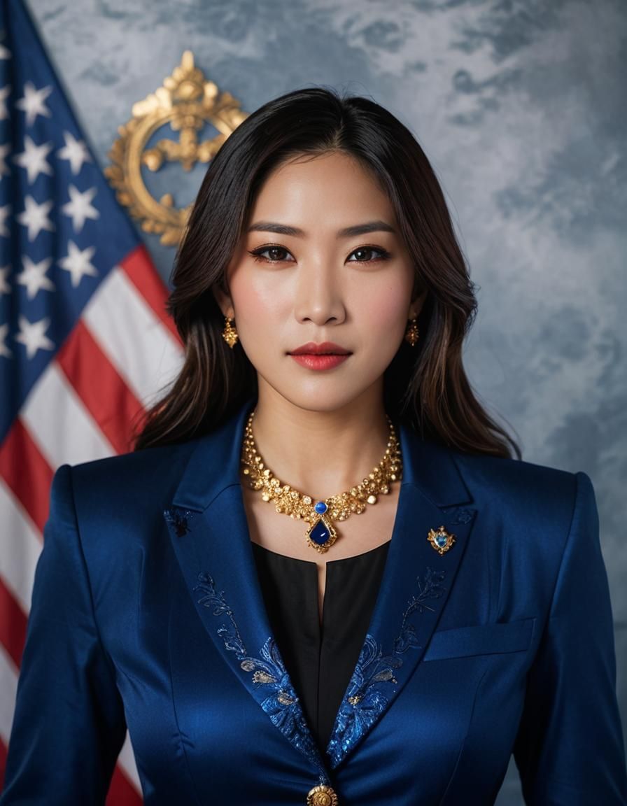 Modern digital portrait photography. Close-up medium shot. Megan Fox as vice president.