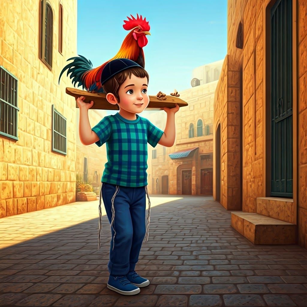 Boy Holding Rooster in Jerusalem, Playful Art Style