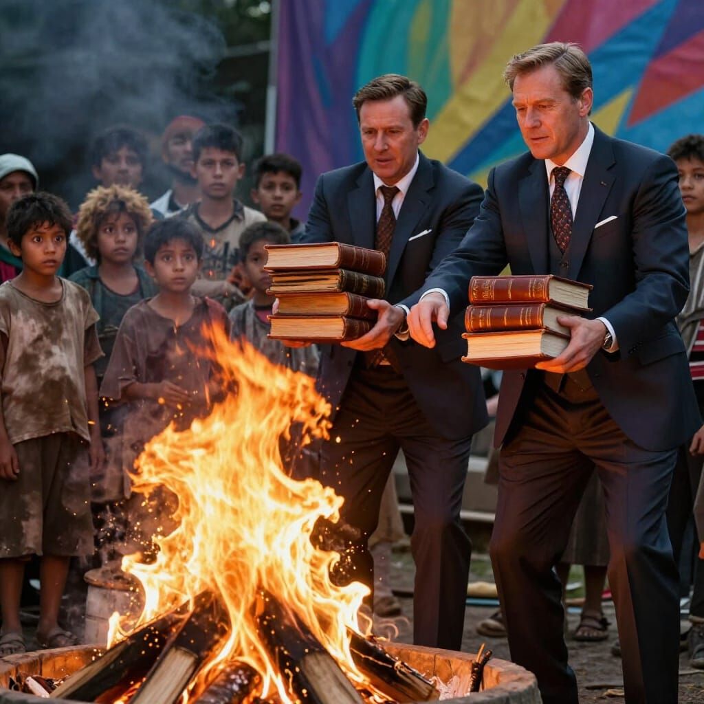 Wealthy men throw books into a bonfire, while impoverished children watch.