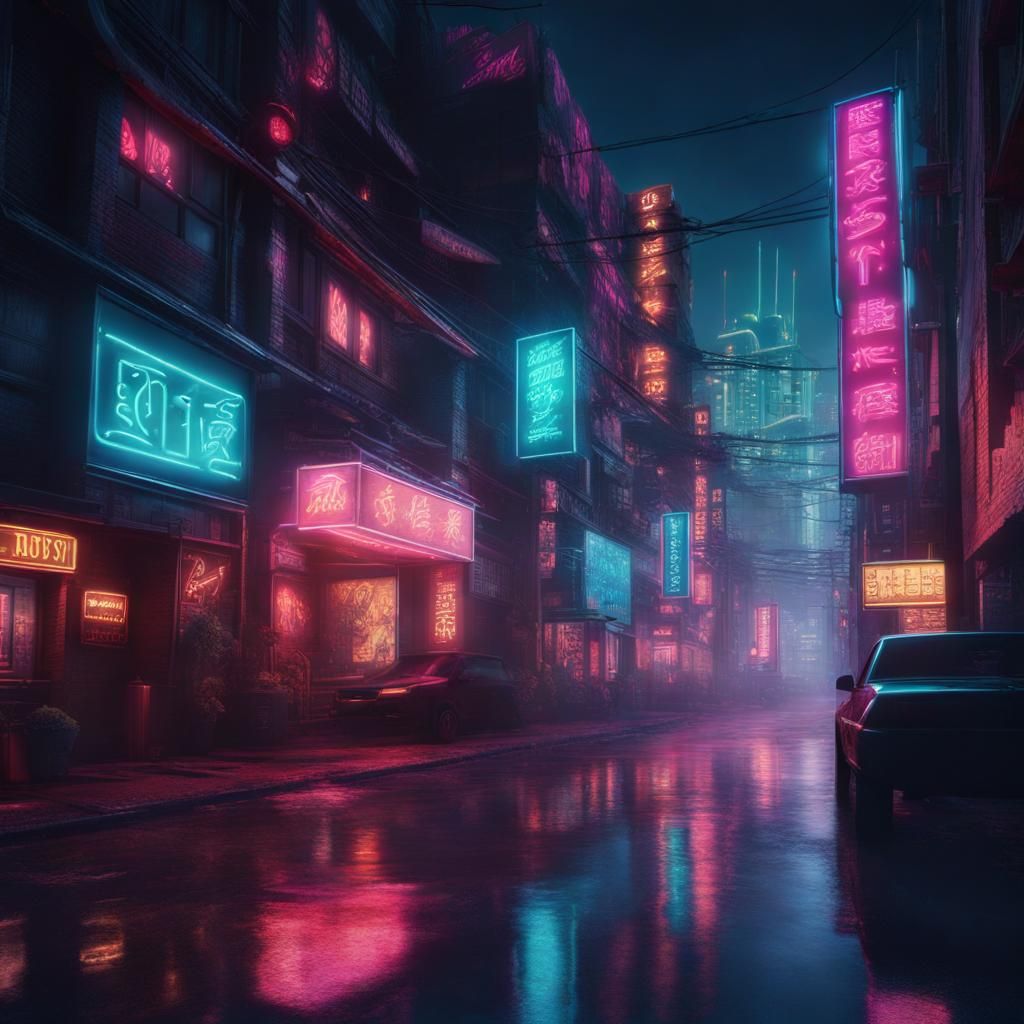 City Street with Neon Signs - AI Generated Artwork - NightCafe Creator