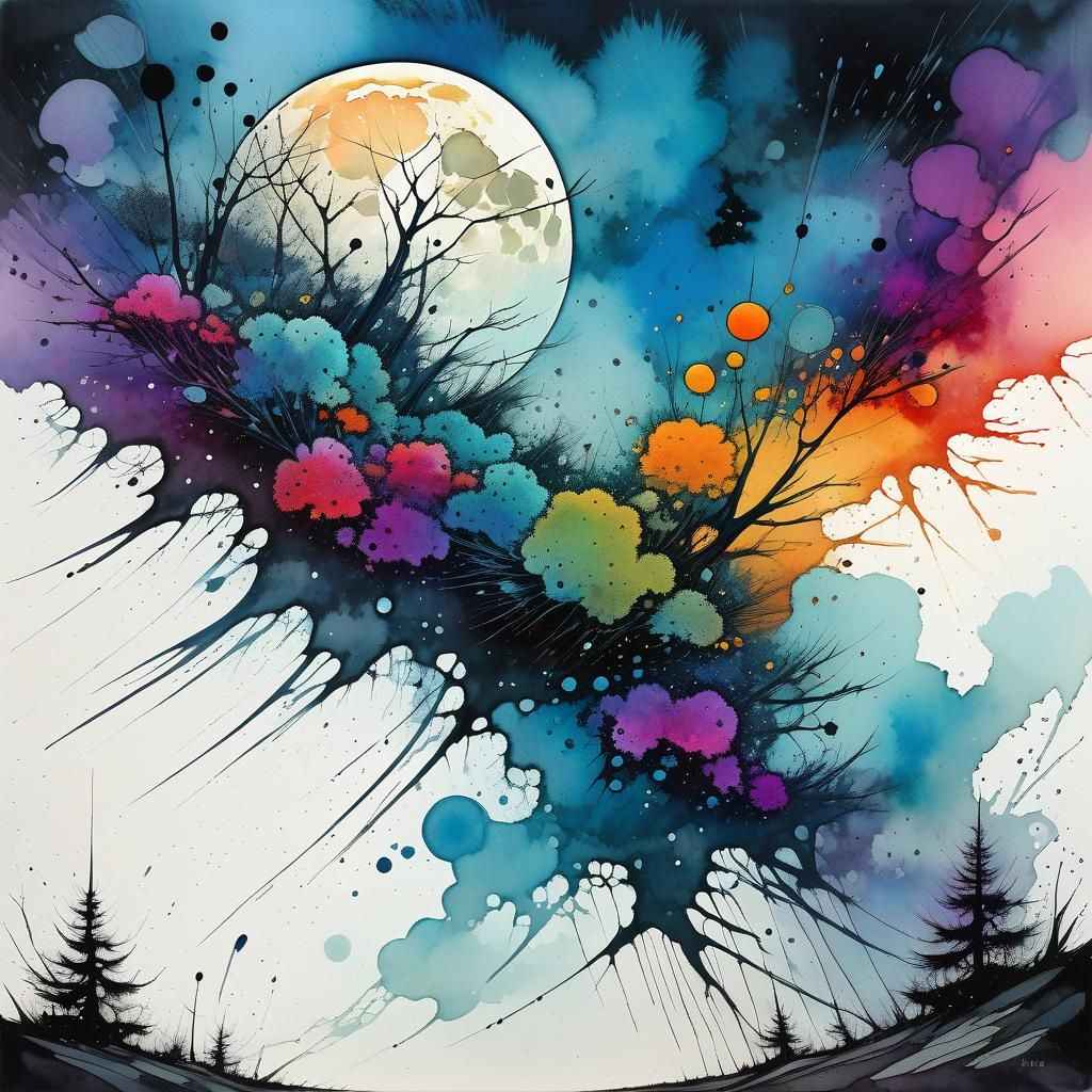 Vibrant Pop Explosion fractal moonscape, rain, watercolor splash, Alex Maleev  by @Sharon B