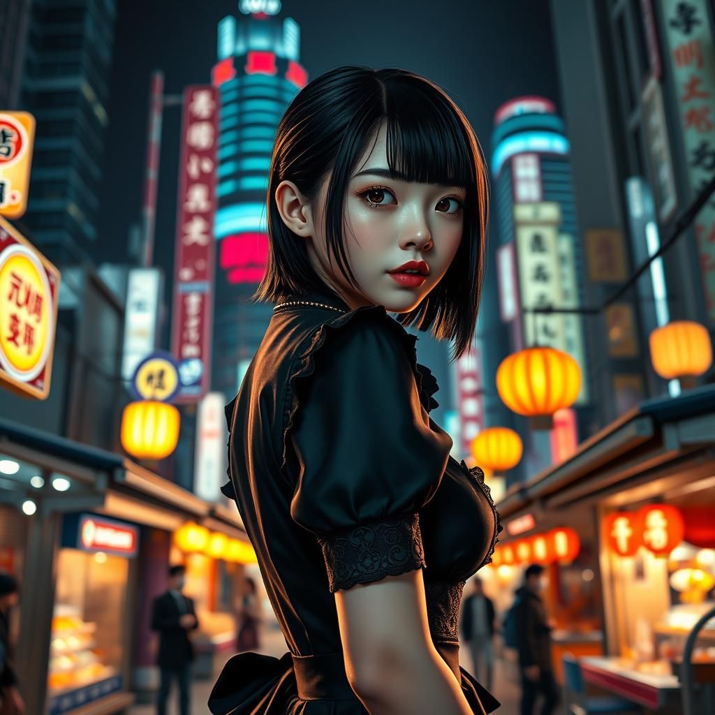 Japanese Maid in Neon Cityscape, 8K Portrait