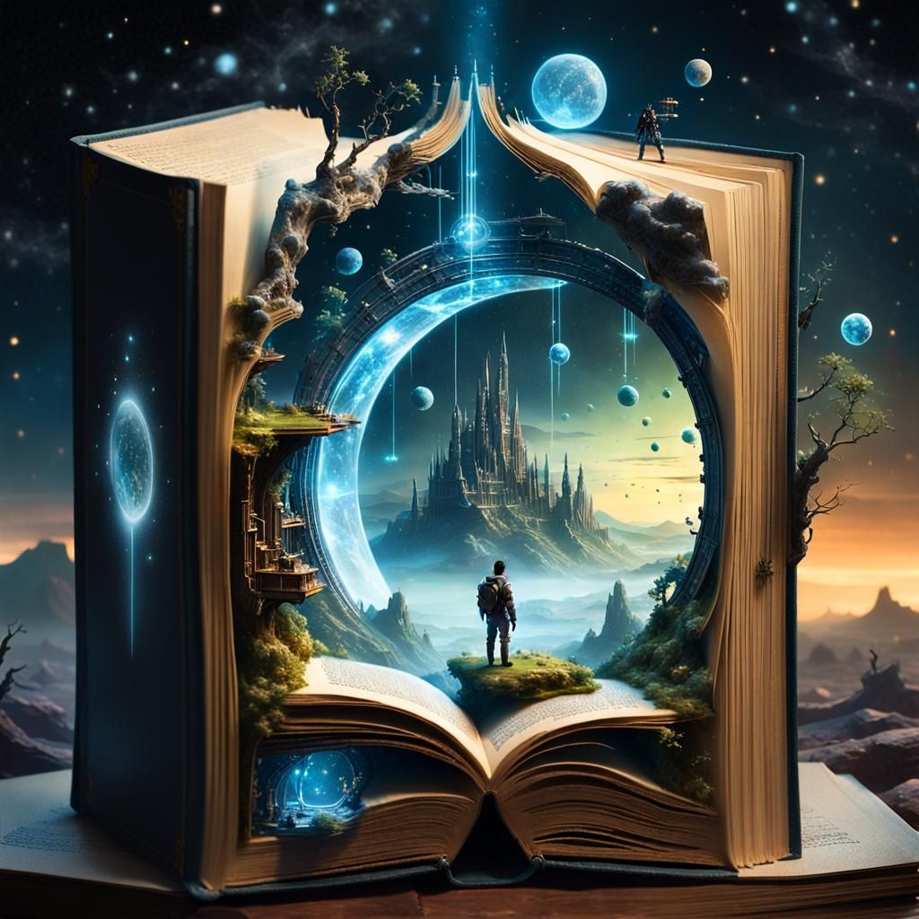 Miniature sci-fi world coming out of open book,  by @Inspire 