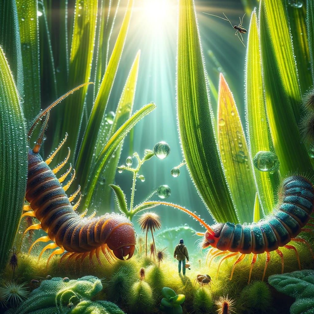 Here is the image depicting a macro photography scene with a miniature human exploring a colossal garden.