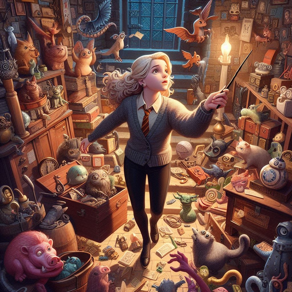 Luna Lovegood exploring the Room of Requirement, Pixar style