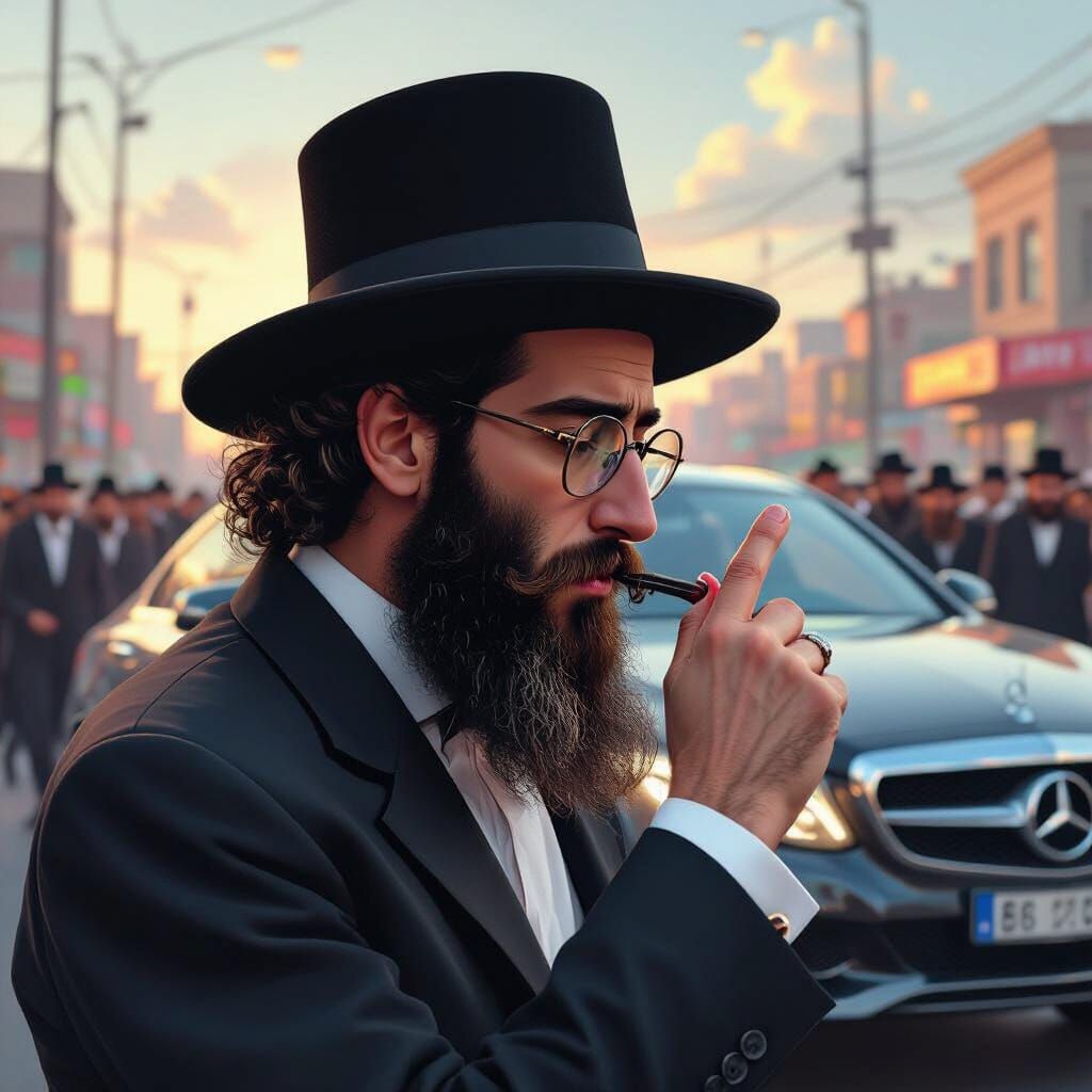 Surreal Haredi Man Twirling Finger, Hyperrealistic Art