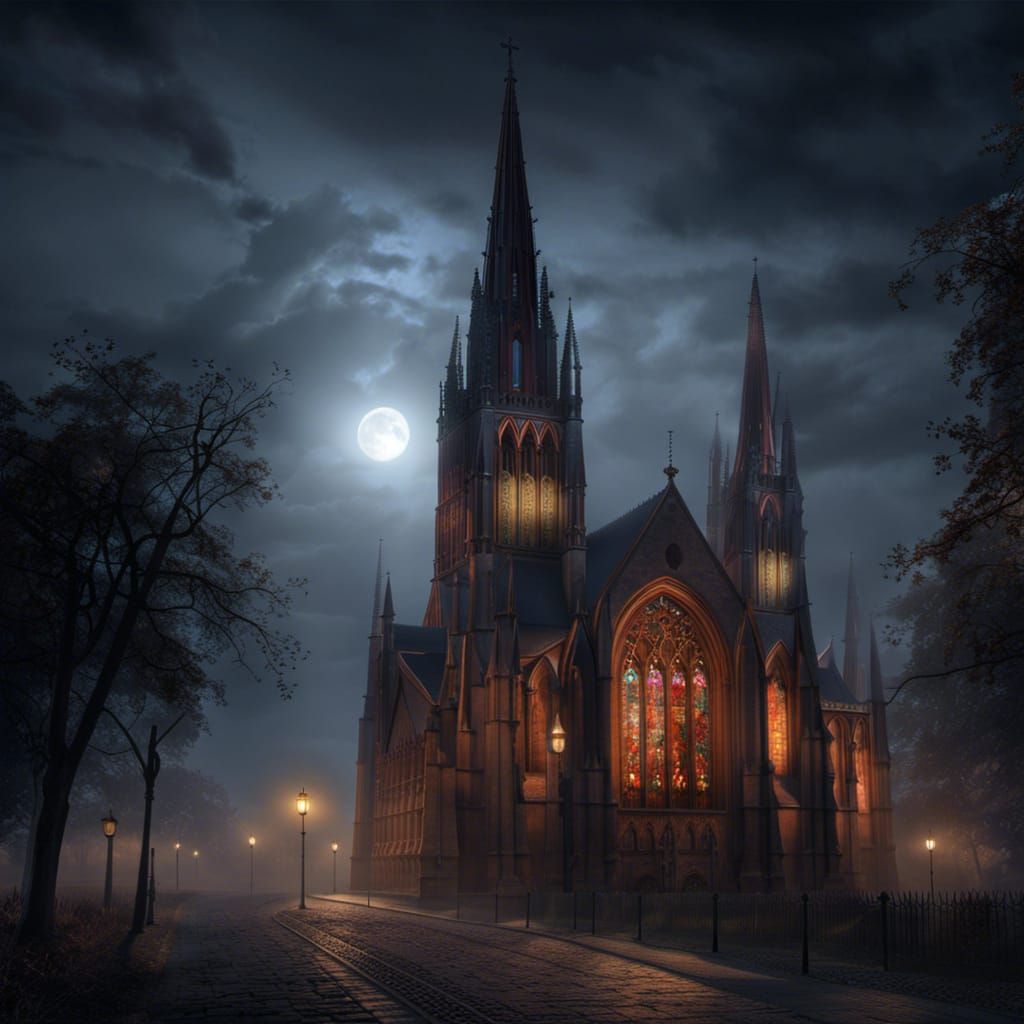 Hyperdetailed Gothic Church with Colorful Stained Glass