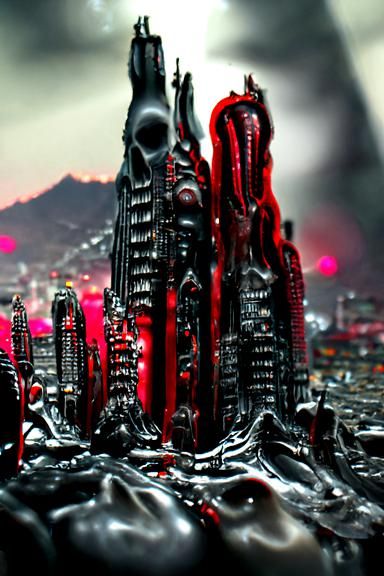 mountain city of darkness and blood red skies H.R. Giger hyp...