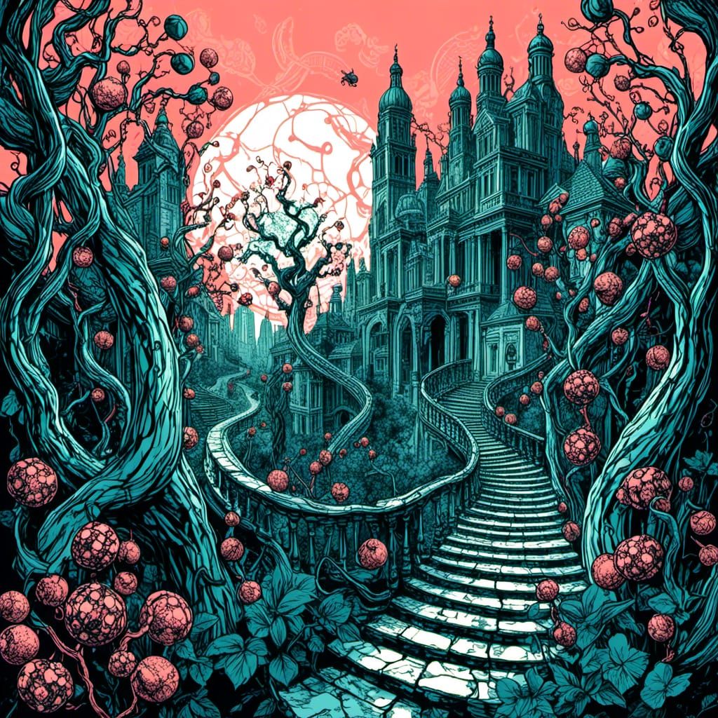 <lora:Eschers Poe:1.0> A nature spirit walking calmly through a neon-lit city, flowers and vines growing in their footsteps as skyscrapers...