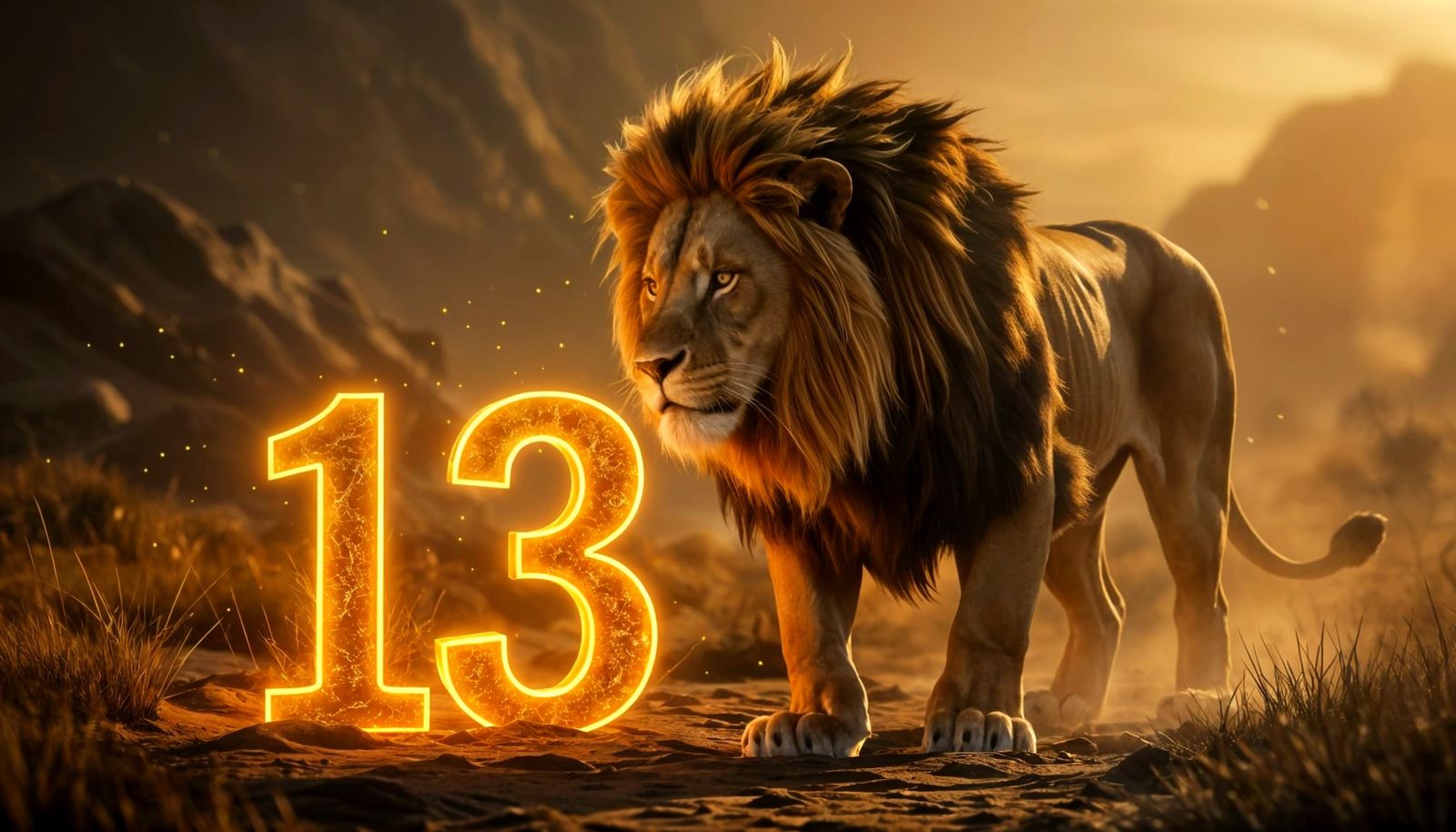 A majestic, hyper-realistic lion standing in a dim, mystical landscape. The lion gently touches a large number "13" with...