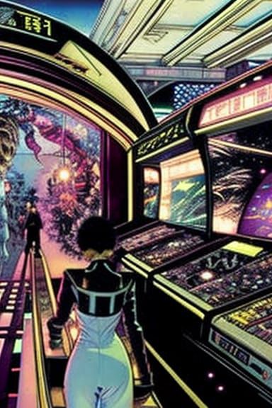 Girl gaming in a Vintage 90's arcade at night