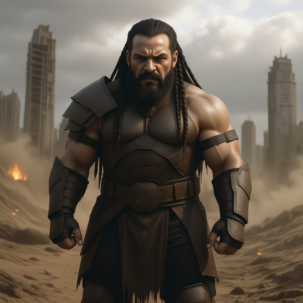 A man with long dark hair, pugilist barbarian,in medium sci fi armor, with a war torn sci fi background