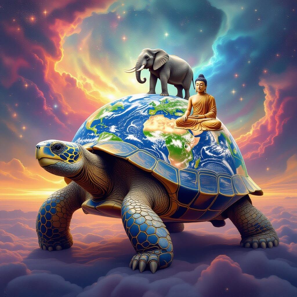 <lora:DreamweaverFlux:1.0> <lora:Psychedelic:1.0> Disc world Terry Pratchett a tortoise with a earth globe flattened into a horizontal disc ...