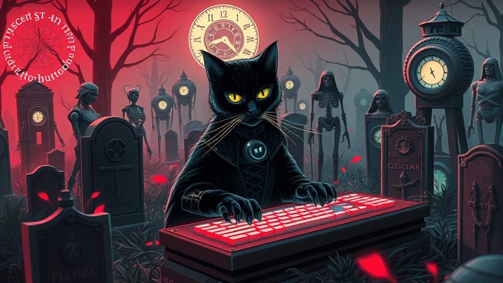 Picture a lone, gothic cyberpunk cat sitting in a clockwork graveyard, surrounded by skeletal robots rising from their graves. Its fingers f...