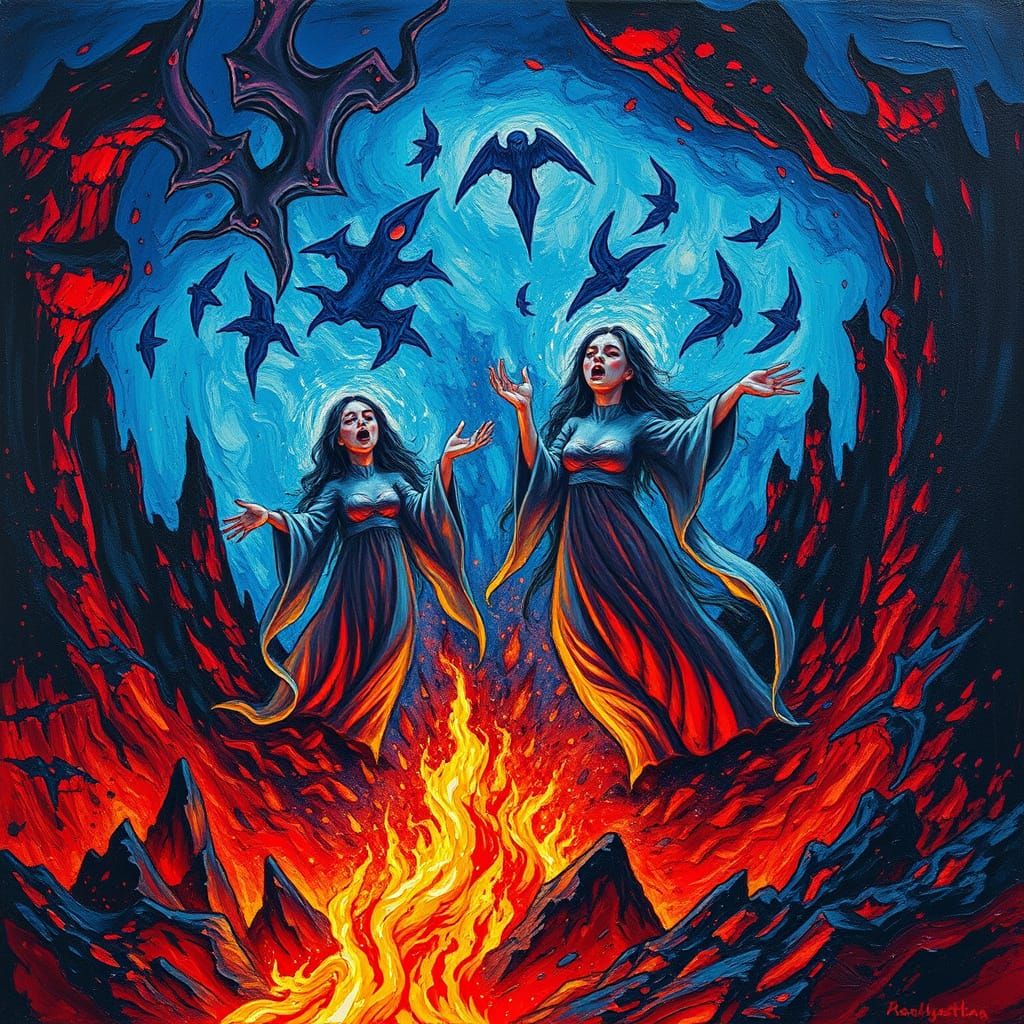 Ethereal Underworld Torment in Neo-Impressionist Style