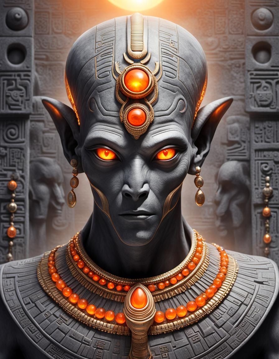 scenic picture of a gray alien god, wide face, orange glowin...