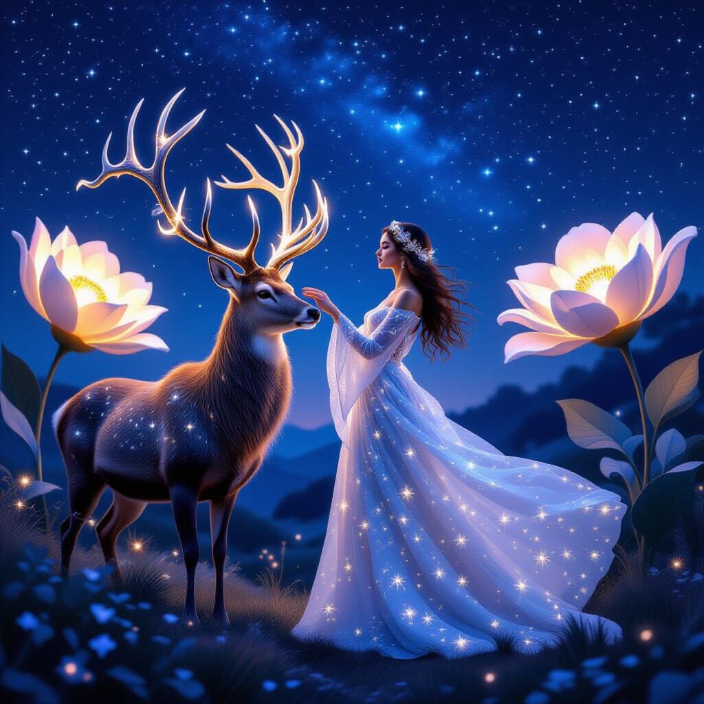 Mystical Night Scene: Woman and Luminous Deer
