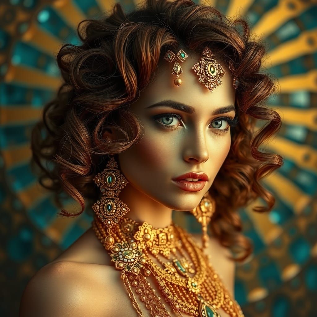 Beautiful woman with hair set up with gold jewelry