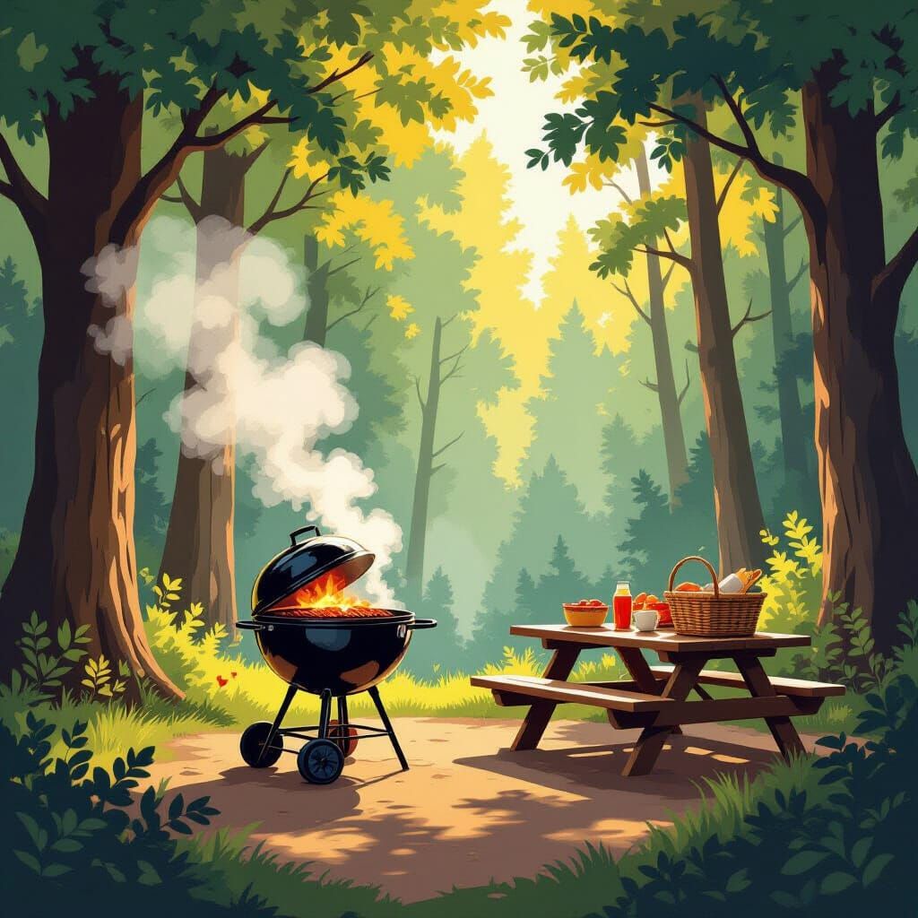 Magical Forest Barbecue Party in Golden Hour Light