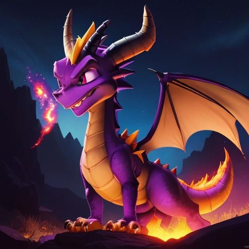 Spyro blowing fire, night sky in background, front facing, high ...