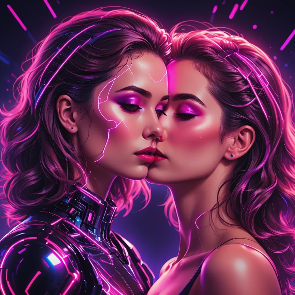 A beautiful girl in the form of a.i. A handsome man kisses h...