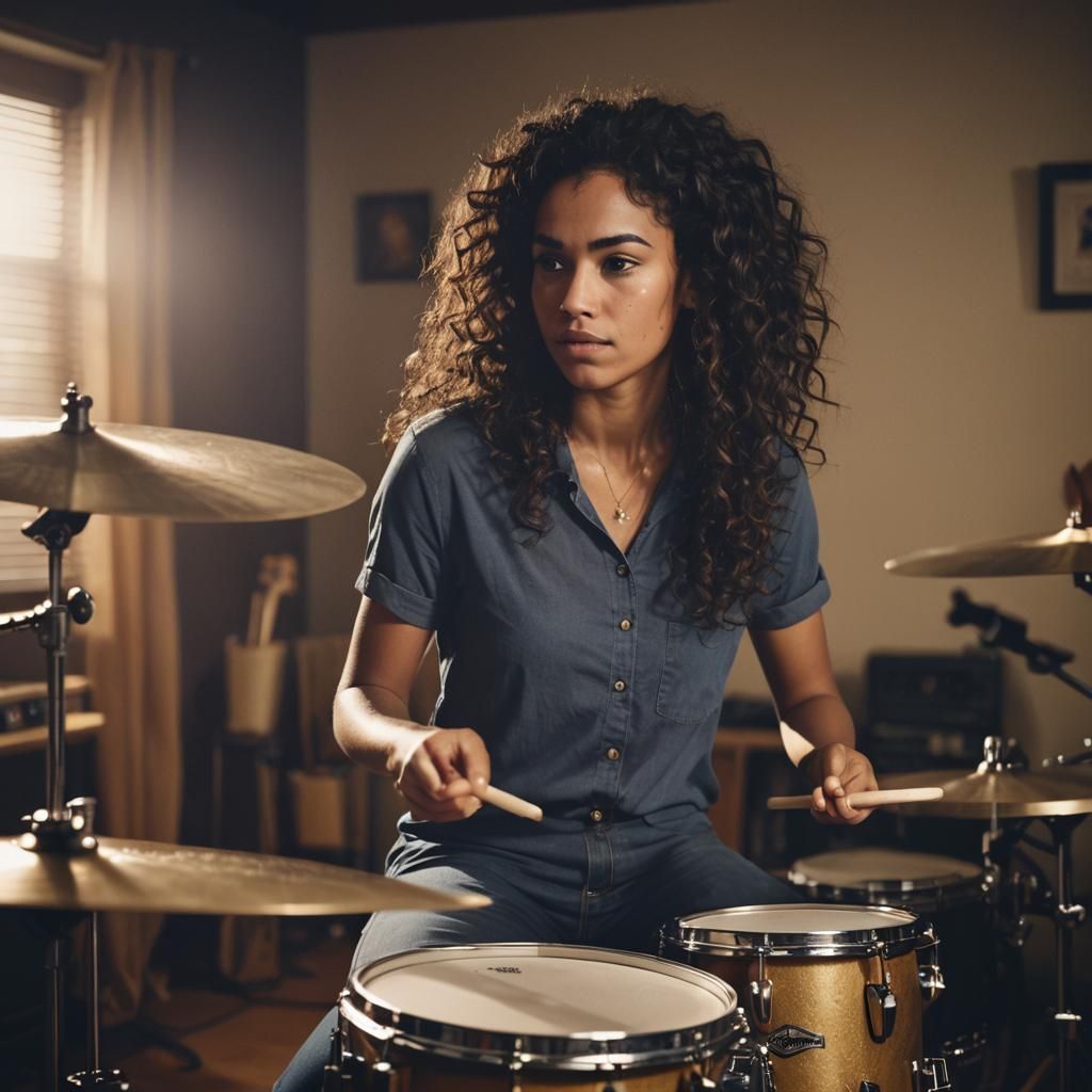 Large female with long curly dark brown hair, dark eyebrows,...