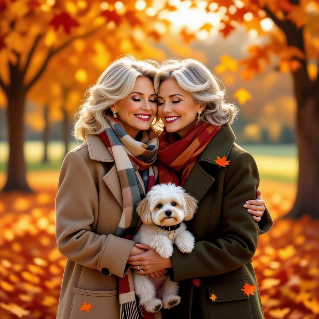 Two elegant women in their 60s standing in a park in autumn, golden and red leaves covering the ground. One woman holds a small white dog. T...