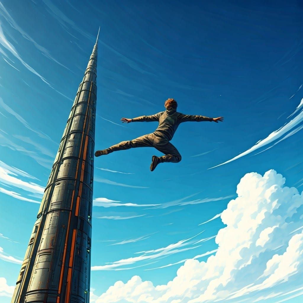 Man Leaping From Tower in Futuristic Style