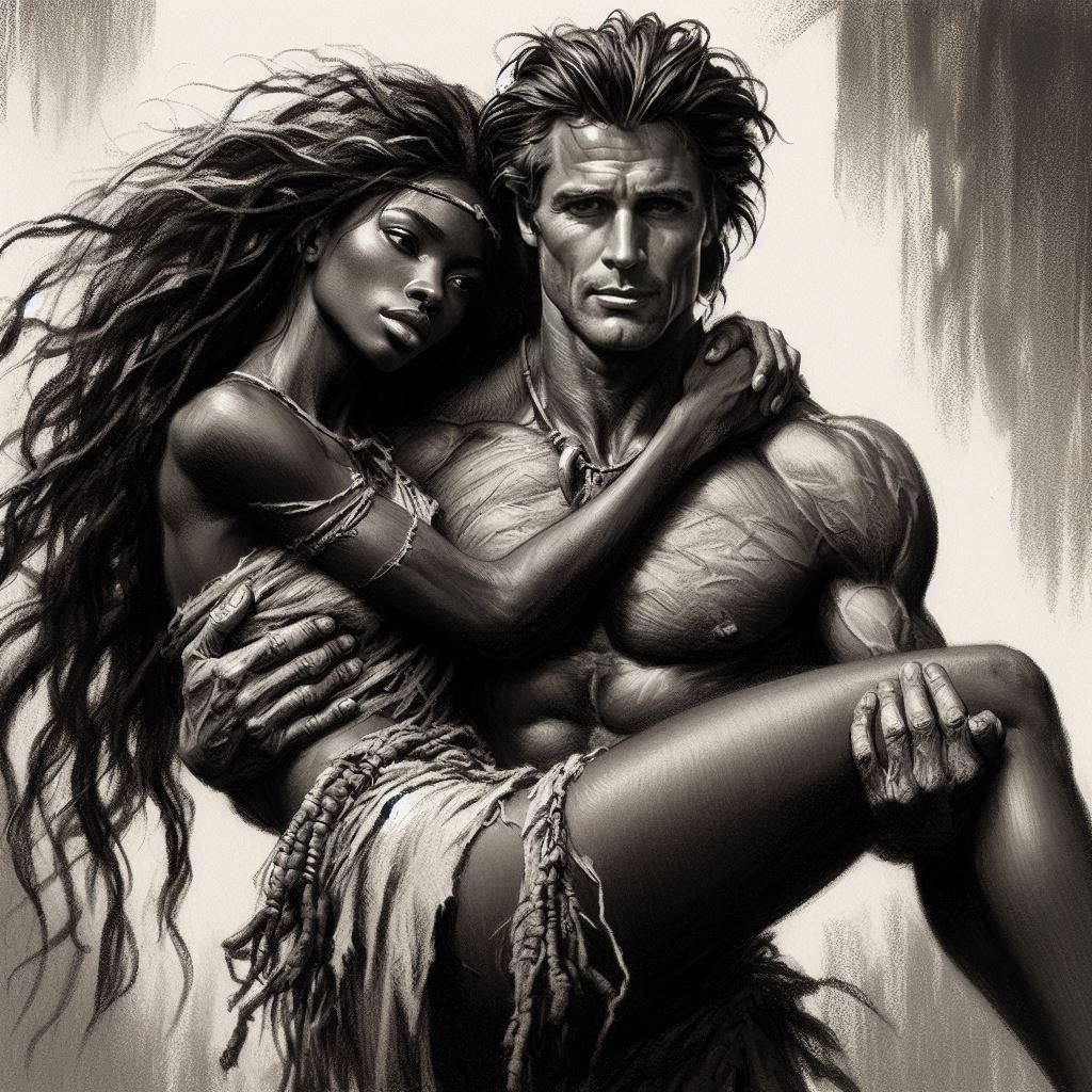 Tarzan is carrying an injured tribeswoman to safety.   by @Lorendiac H