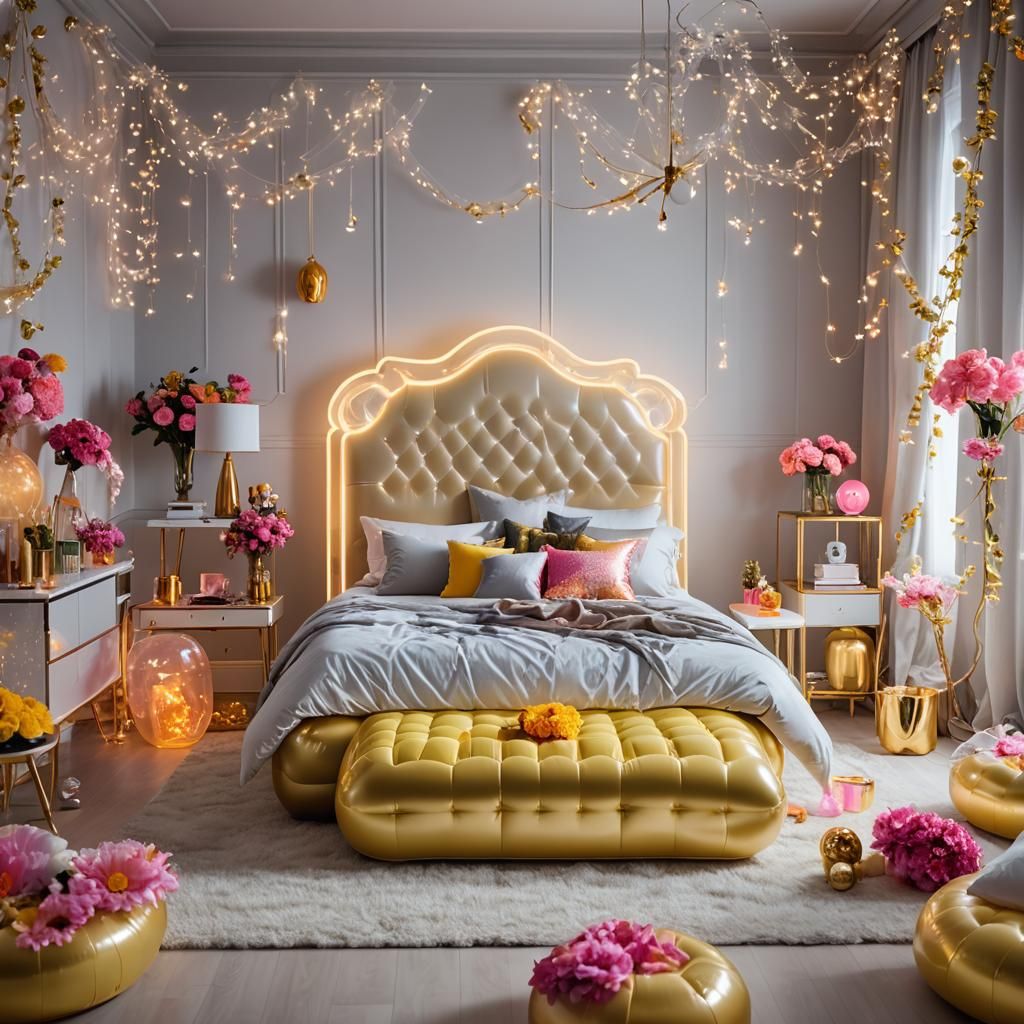 Luxury Bedroom with Neon Furniture, Professional Photography